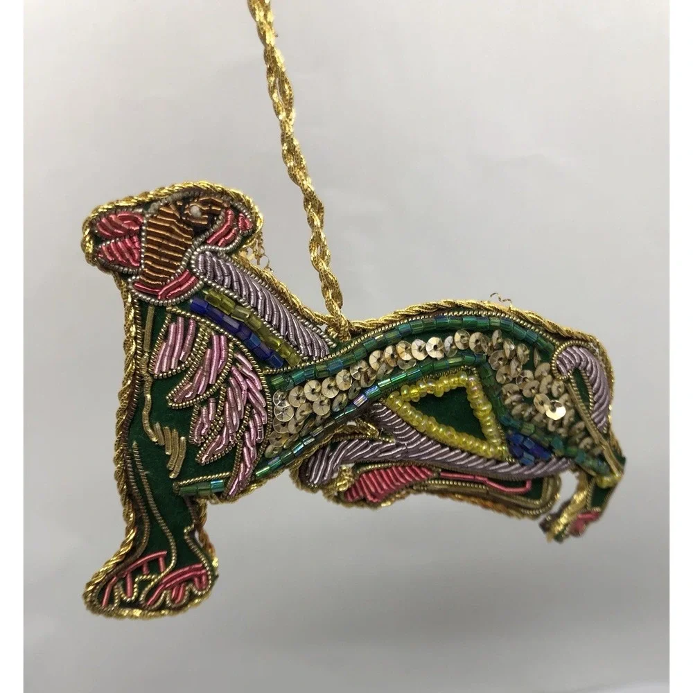 Vintage Raised Beadwork On‎ Felt Ornament Lion Large Cat Christmas Decoration